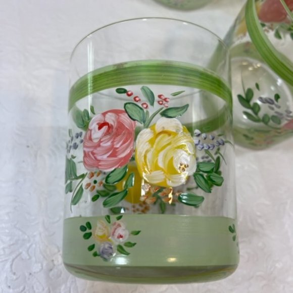 VTG Hand Painted Wide Rim Floral Drink Glasses Double Old Fashion 16oz SET OF 4 - Picture 9 of 15